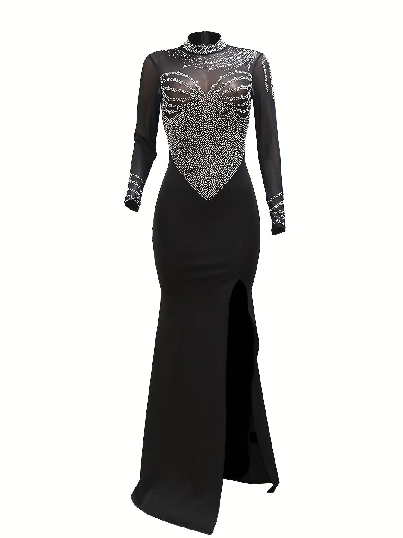 Rhinestone Long Sleeve Mesh Splicing Bodycon Dress for Women, Elegant Party & Banquet Dress MyFave Boutique