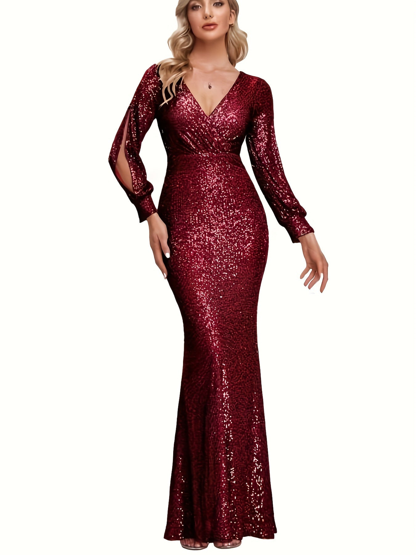 Sequined V-neck Slim Dress, Elegant Split Sleeve Bodycon Dress For Party & Banquet, Women's Clothing MyFave Boutique