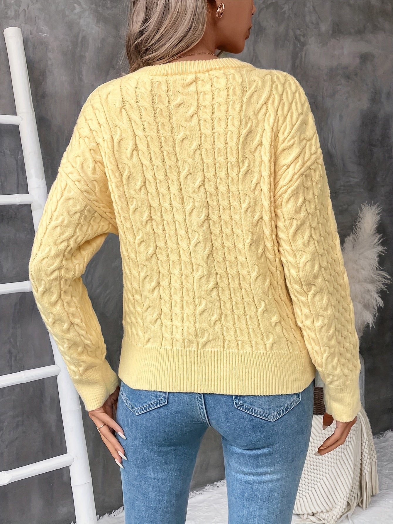 Cable Knit Crew Neck Sweater, Casual Solid Color Long Sleeve Sweater For Fall & Winter, Women's Clothing MyFave Boutique