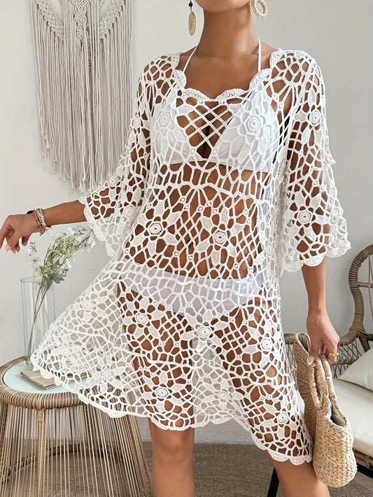 Boho Style Floral Hollow Out Knitted Semi Sheer Loose Fit Cover Up Dress Without Bikini, Women's Swimwear & Clothing MyFave Boutique