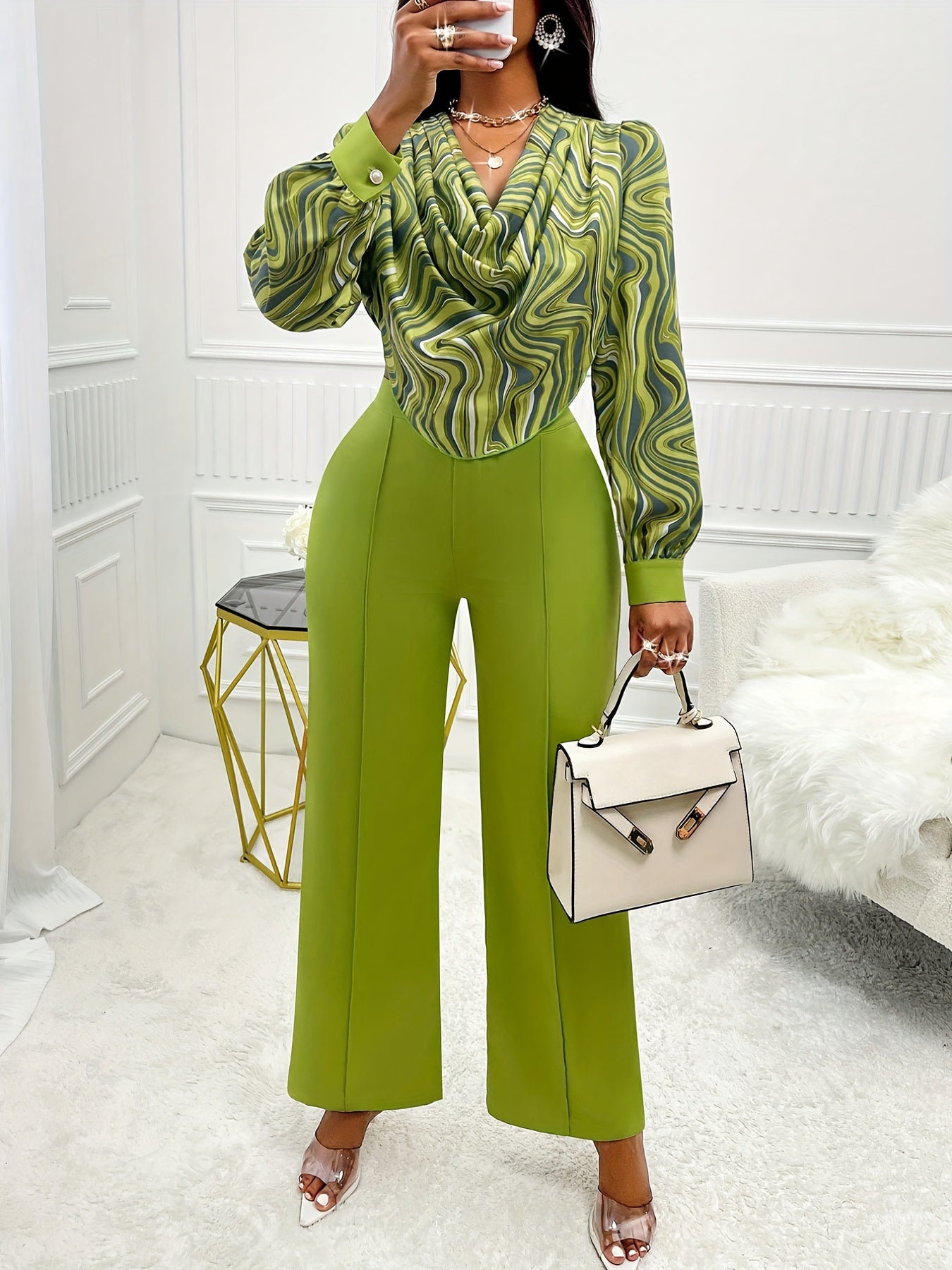 Elegant Spring & Fall Pants Set, Abstract Print Cowl Neck Blouse & Solid Color Straight Leg Loose Pants, Women's Clothing MyFave Boutique