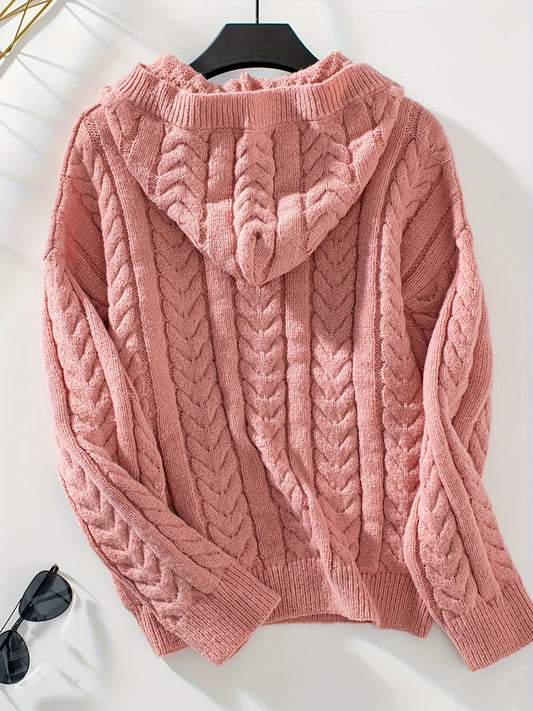 Solid Cable Knit Hoodie Sweater, Casual Long Sleeve Drop Shoulder Button Front Sweater For Fall & Winter, Women's Clothing MyFave Boutique