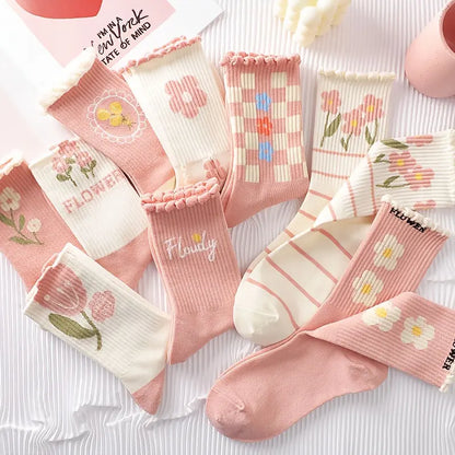 9 Pairs Floral Print Ruffled Socks, Sweet & Comfy Mid Tube Socks, Women's Stockings & Hosiery MyFave Boutique