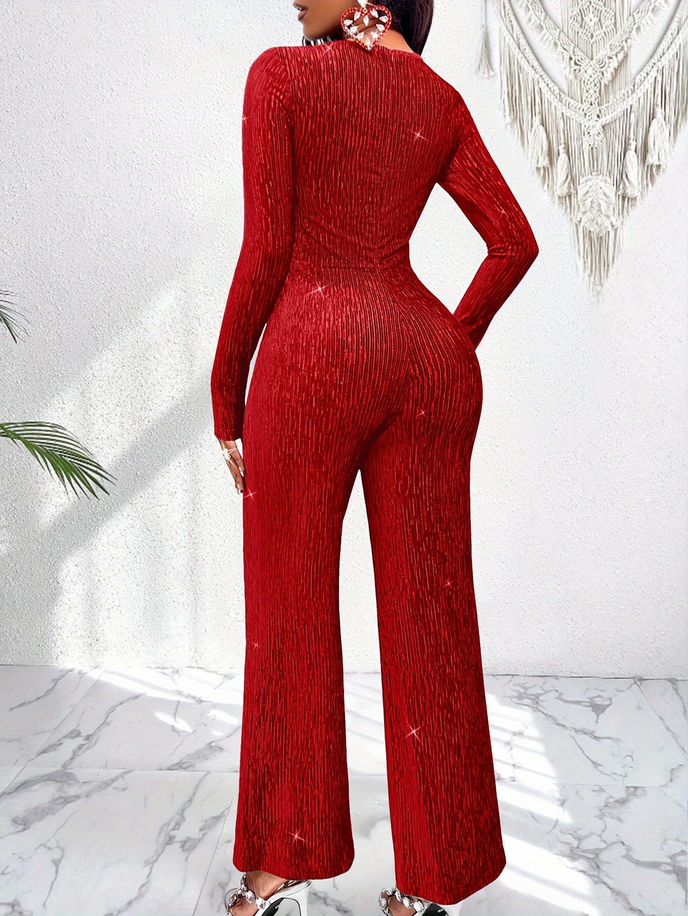 Shiny Textured Cut Out Crew Neck Jumpsuit, Holiday Vibes Long Sleeve Flare Leg Jumpsuit For Spring & Fall, Women's Clothing MyFave Boutique