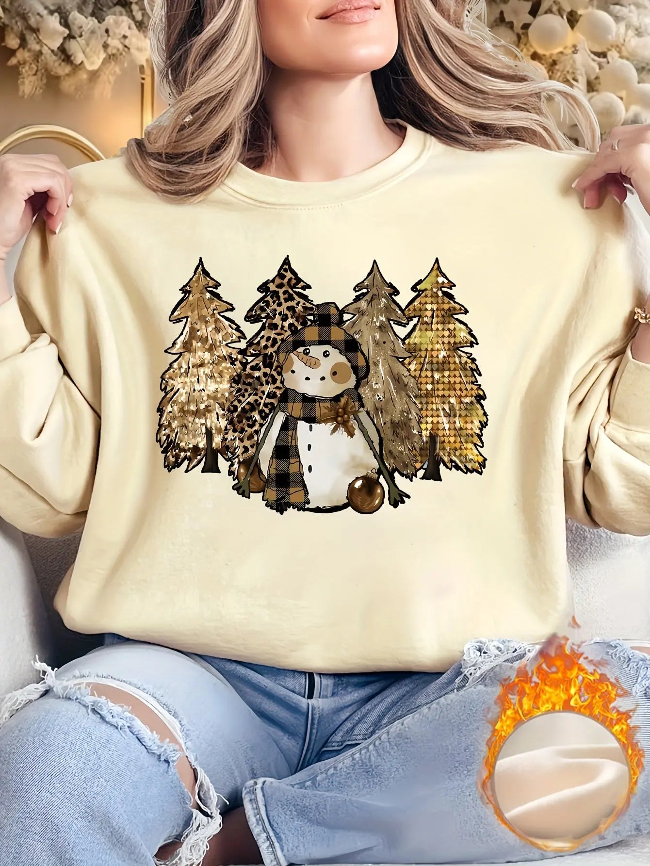 Women's Christmas Themed Polyester Sweatshirt with Applique Snowman and Trees, Casual Crew Neck Pullover for Fall/Winter - 100% Polyester Knit Fabric MyFave Boutique