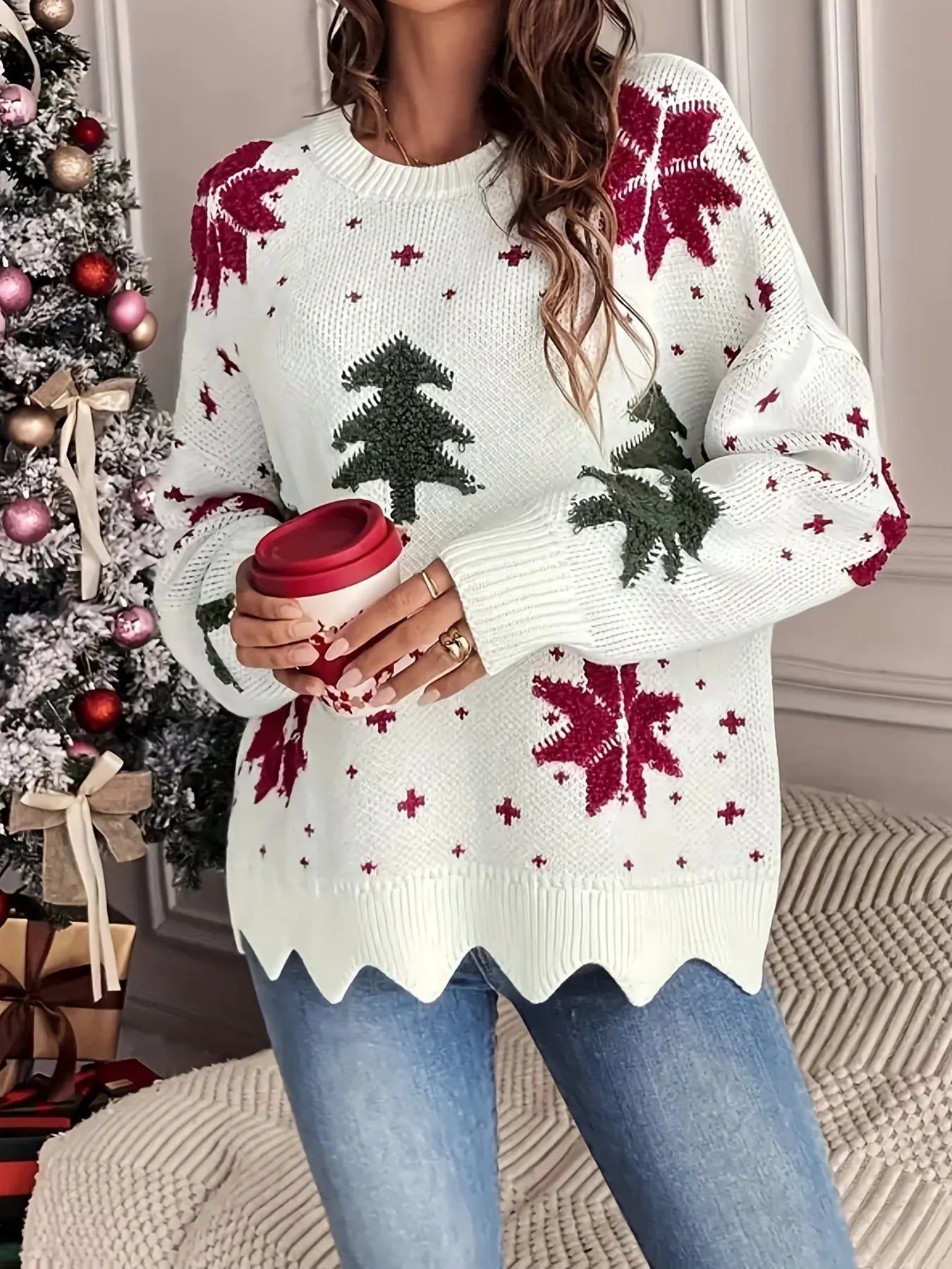 Cozy Christmas Tree Knit Sweater for Women - Casual Long Sleeve Crew Neck Pullover, Perfect for Fall & Winter MyFave Boutique