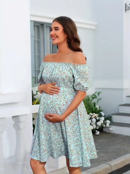 Women's Maternity Flowers Print Off Shoulder Dress For Summer, Trendy Casual Midi Dress, Gender Reveal MyFave Boutique