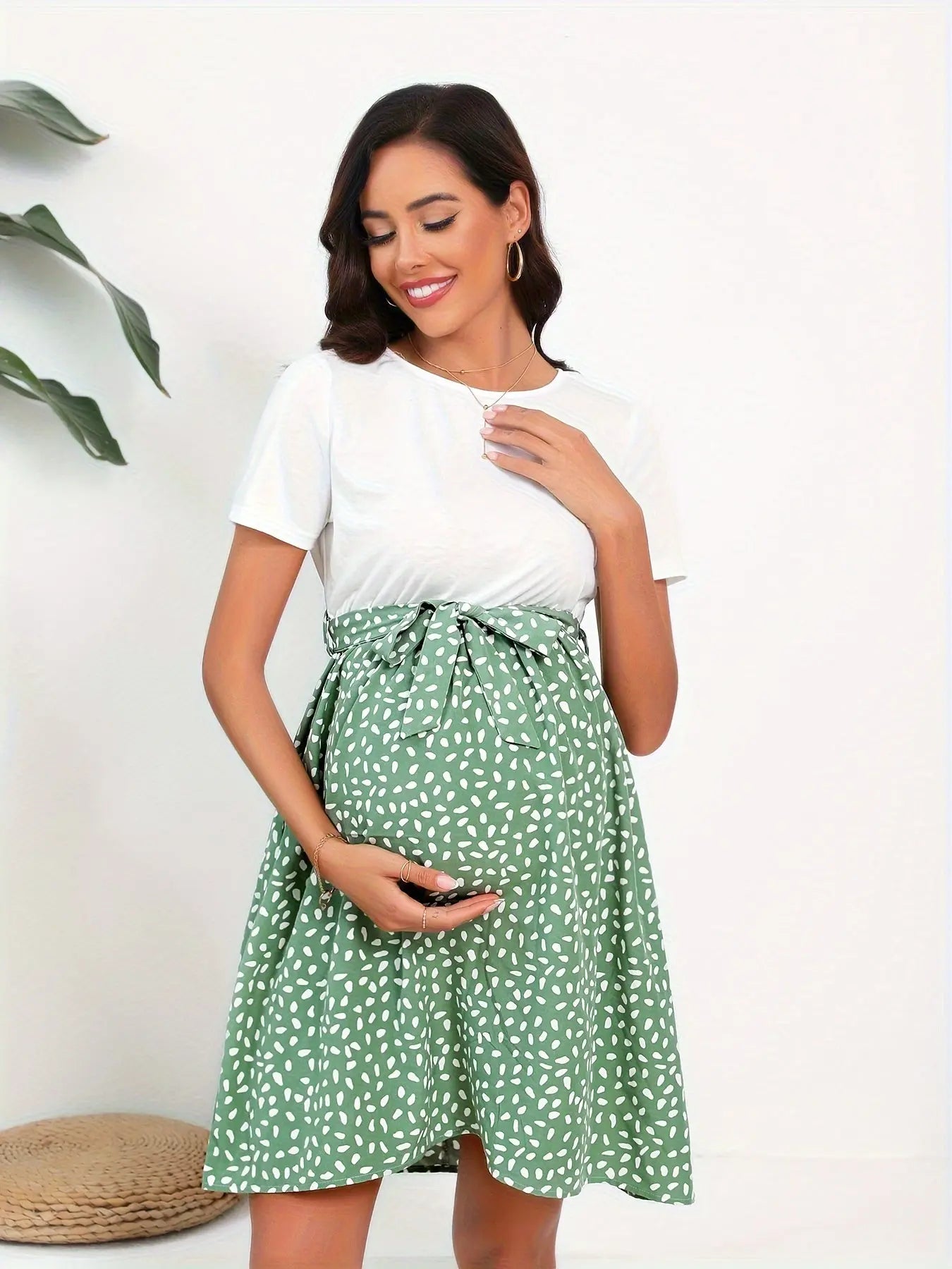 Women's Maternity Elegant Patchwork Dress, Dots Print Short Sleeve Waist Belt Dress, Gender Reveal MyFave Boutique