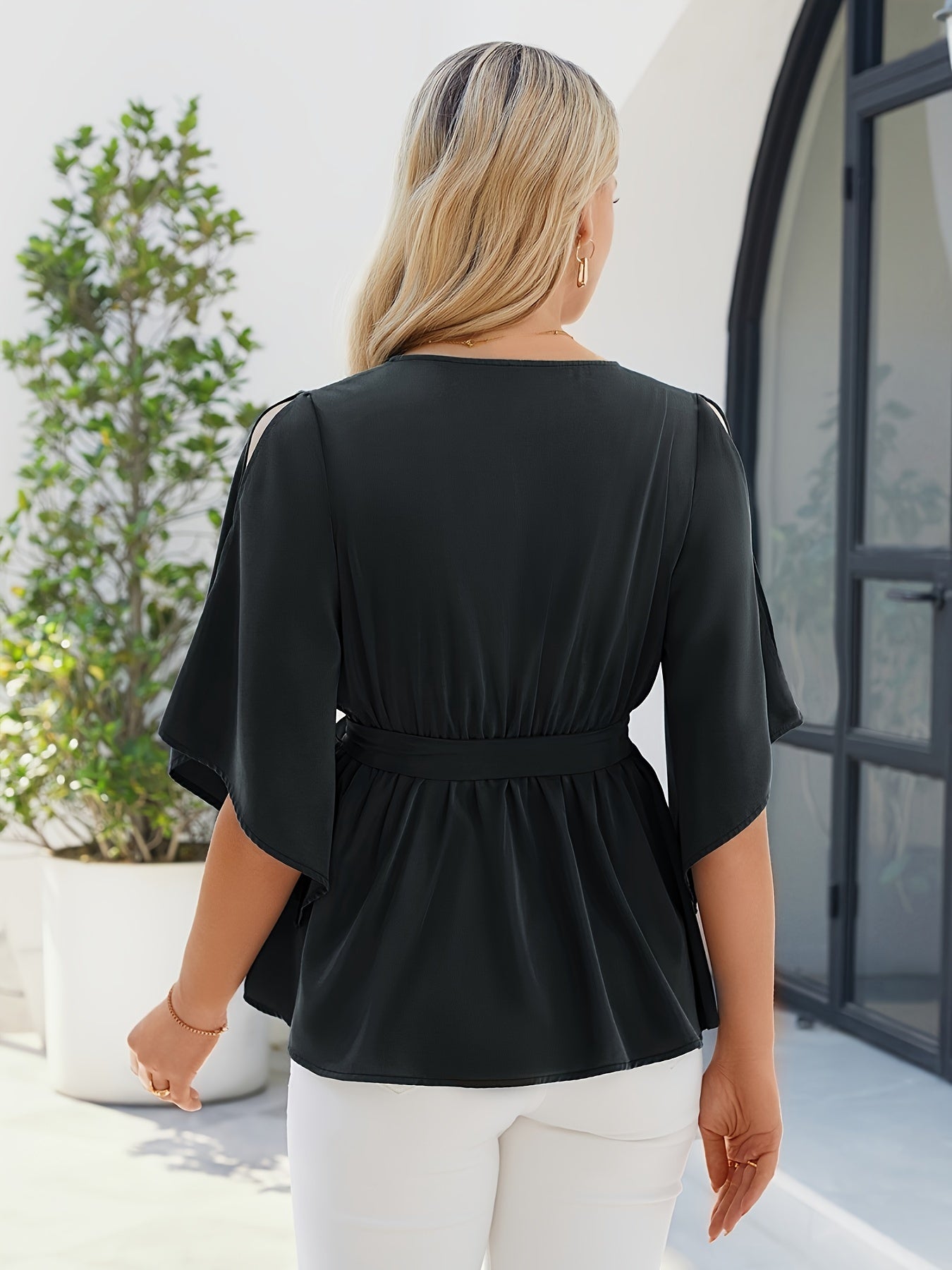 Solid Surplice Neck Wrap Blouse, Casual Lace Up 3/4 Sleeve Ruffle Trim Blouse For Spring & Summer, Women's Clothing MyFave Boutique