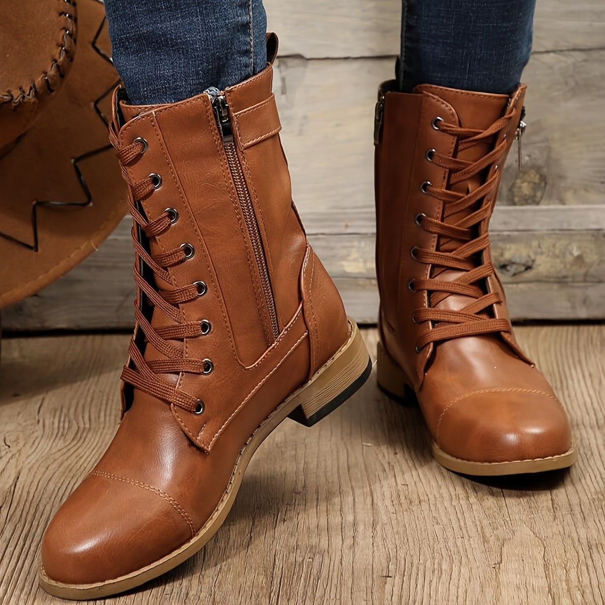 Women's Side Zipper Mid Calf Boots, Retro Solid Color Lace Up Flat Boots, Comfortable Round Toe Boots MyFave Boutique