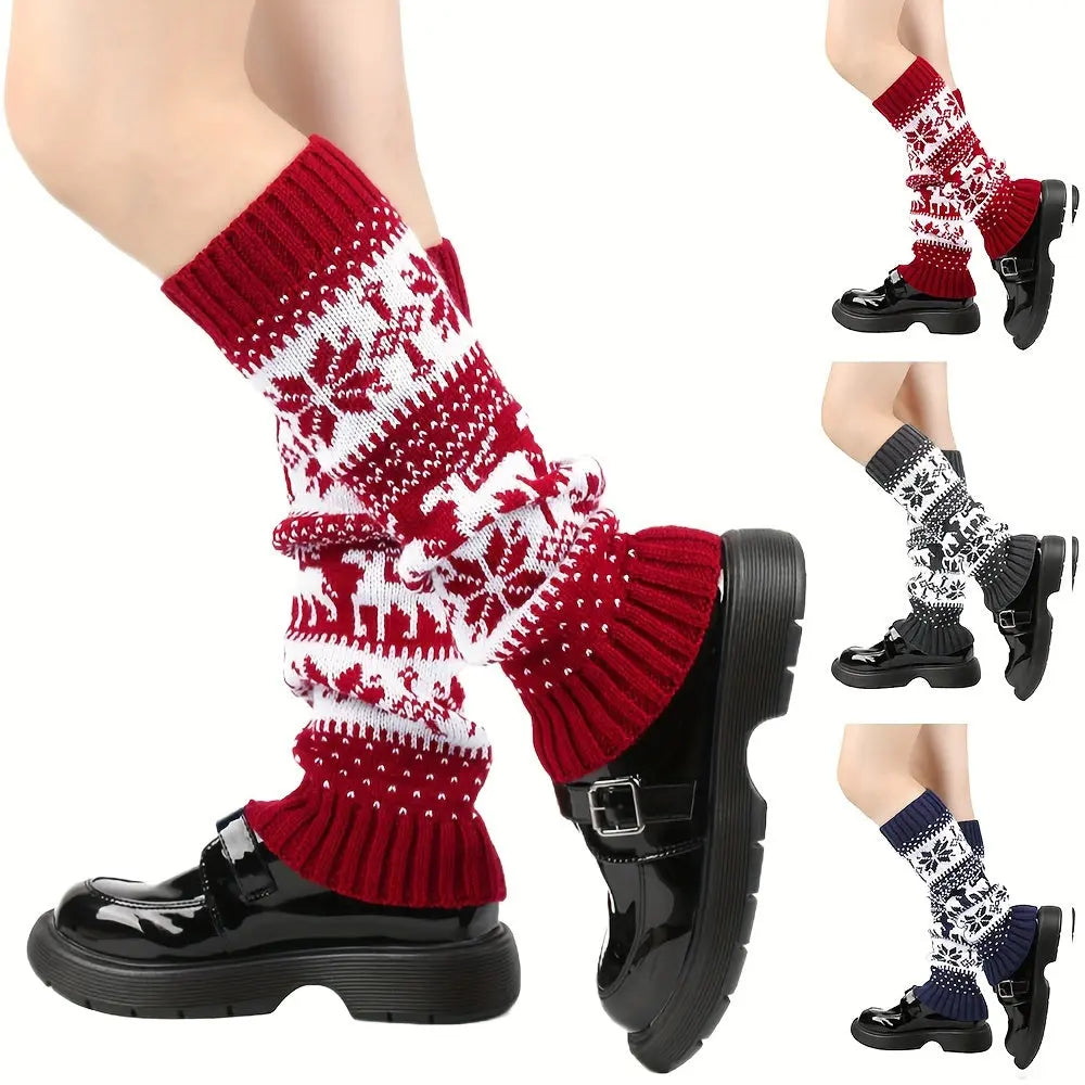 2 Pairs Deer & Snowflake Leg Warmers, Christmas Ethnic Style Knitted Boot Socks For Fall & Winter, Women's Stockings & Hosiery MyFave Boutique