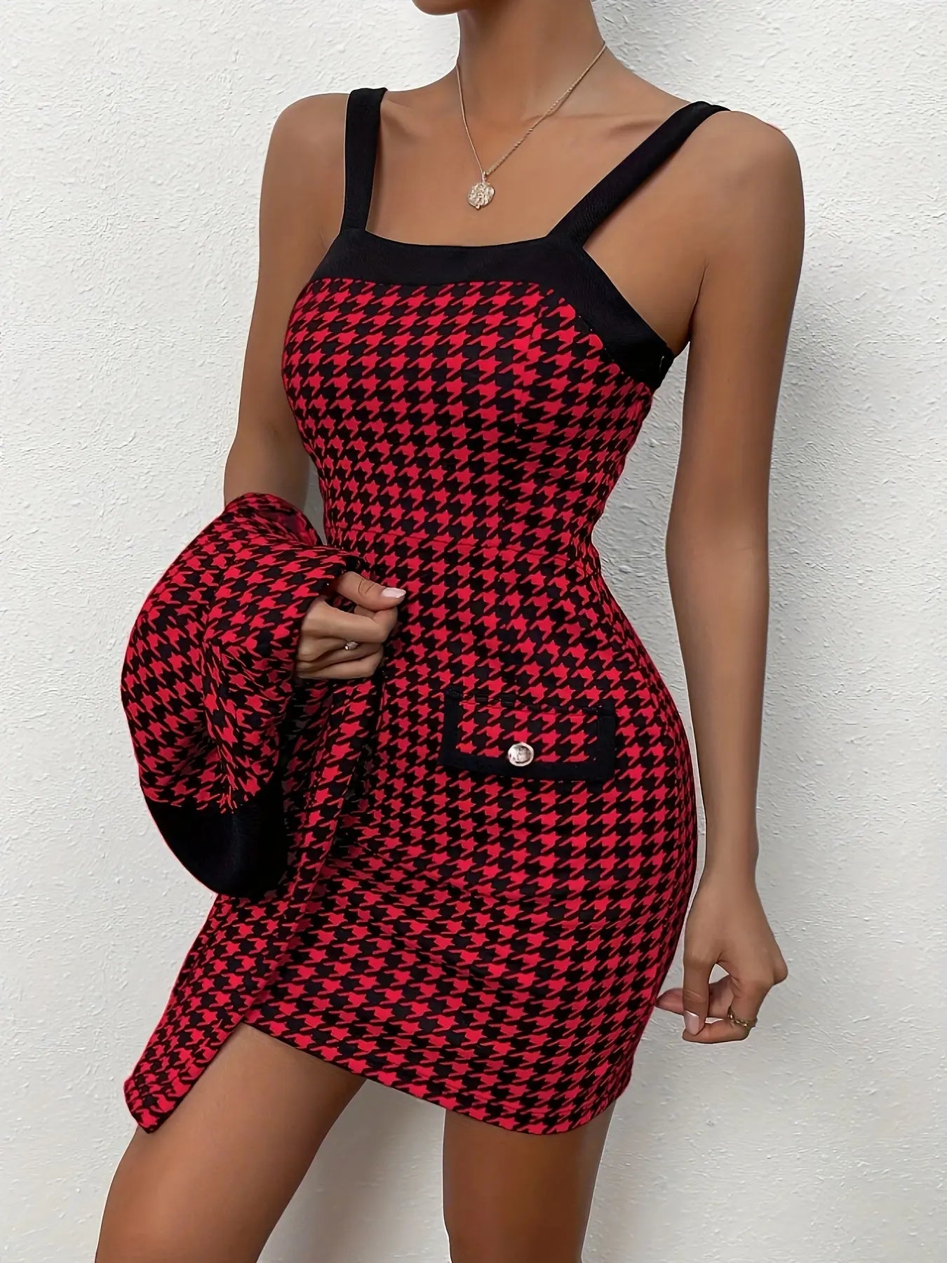 2 Pcs Elegant Houndstooth Print Tank Dress Set, Long Sleeve Button Front Notched Lapel Crop Blazer & Sleeveless Bodycon Wide Strap Mini Dress Outfits, Women's Clothing MyFave Boutique