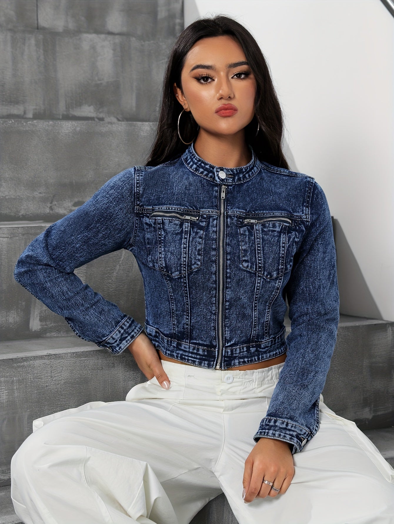 Women's Fashionable Cropped Denim Jacket, Casual Style, Zip-Up Jean Outerwear with Pockets, Versatile and Modern Look for Everyday Wear For Fall & Winter MyFave Boutique