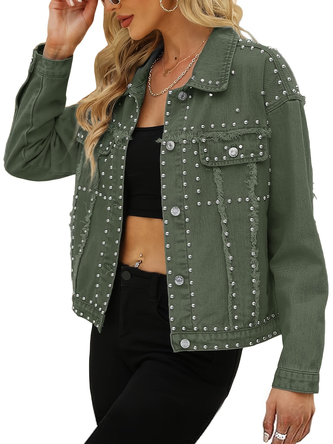 Women's Fashion Cropped Denim Jacket, Long Sleeve Turn-Down Collar, Buttoned Studded Short Rivet Jean Coat, Street Style Outerwear MyFave Boutique