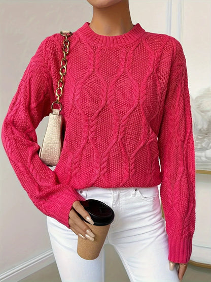 Cable Knit Crew Neck Sweater, Casual Long Sleeve Pullover Sweater For Fall & Winter, Women's Clothing MyFave Boutique