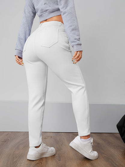 Women's High-Waisted Long Pants With Zipper Closure, Mid-Rise Stretch Cotton Blend, Straight Leg, Casual Streetwear For Fall And Winter MyFave Boutique