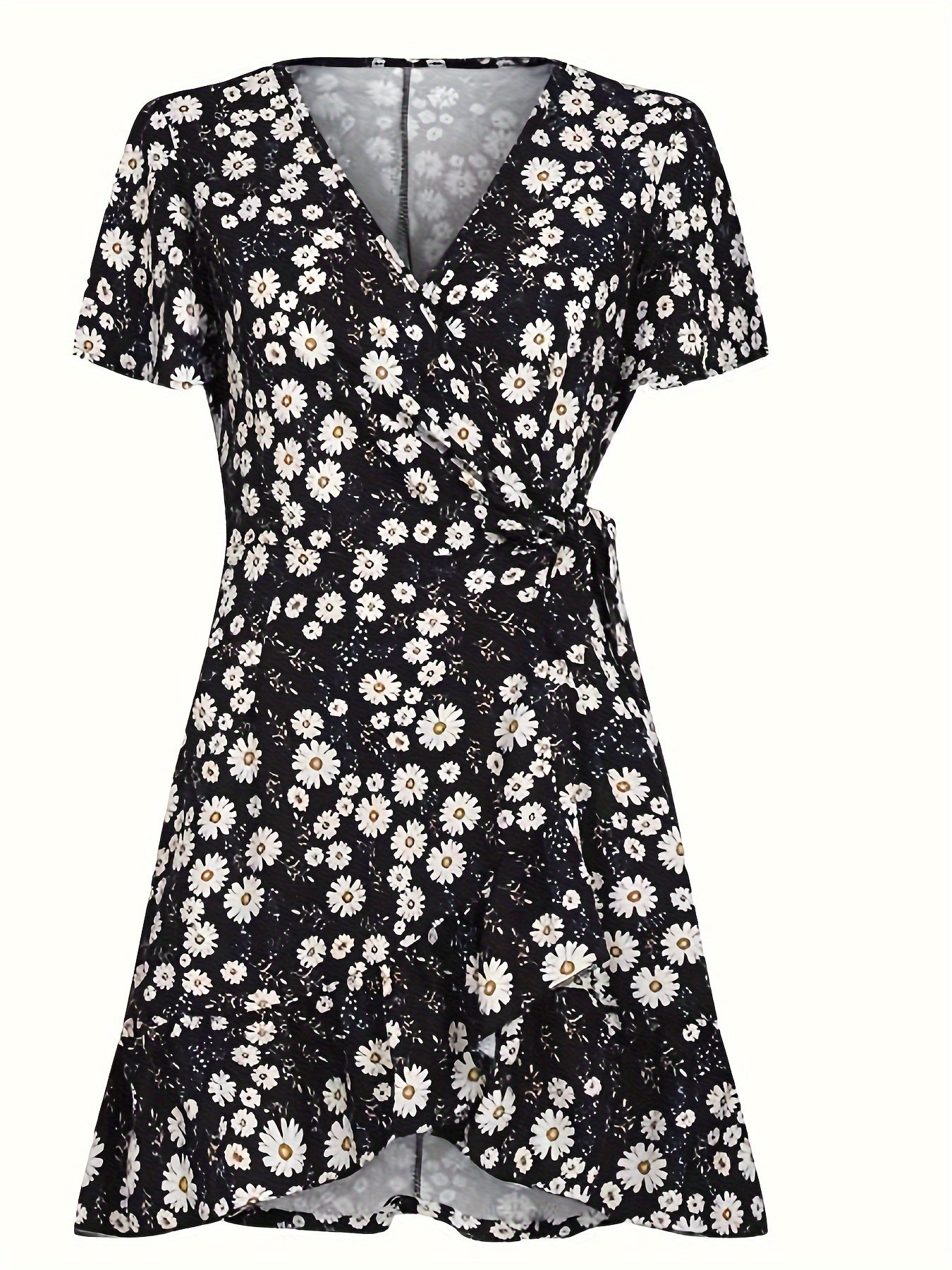 Floral Print Surplice Neck Wrap Dress, Elegant Tied Waist Short Sleeve Ruffle Hem Mini Dress, Women's Clothing MyFave Boutique