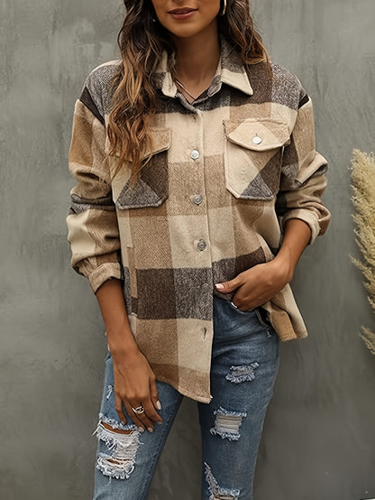 Plaid Print Flap Pockets Jacket, Casual Single Breasted Drop Shoulder Loose Outwear, Women's Clothing MyFave Boutique