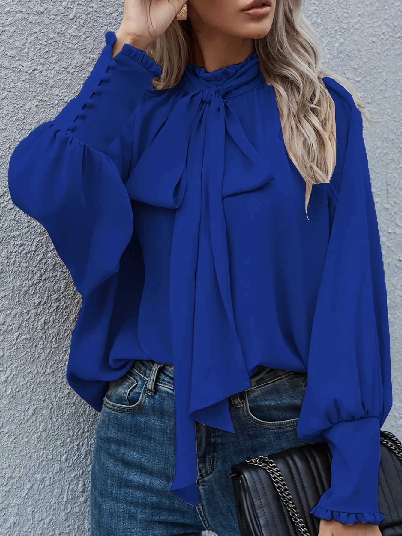 Solid Color Lantern Sleeve Blouse, Loose Fit Tie Back Top for Women, Daily Wear MyFave Boutique