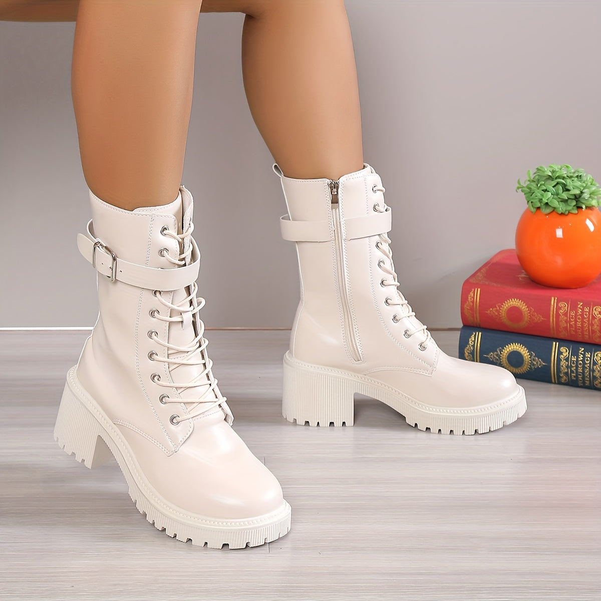 Women's Chunky Heeled Mid Calf Boots, Solid Color Lace Up & Side Zipper Combat Boots, All-Match Platform Boots MyFave Boutique