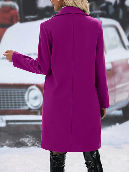 Elegant Double-Breasted Long Sleeve Wool-Blend Coat for Women - Chic Solid Color, Non-Stretch, Button-Up Outerwear with Pockets, Perfect for Fall/Winter - Polyester & Elastane Blend, Machine Washable MyFave Boutique