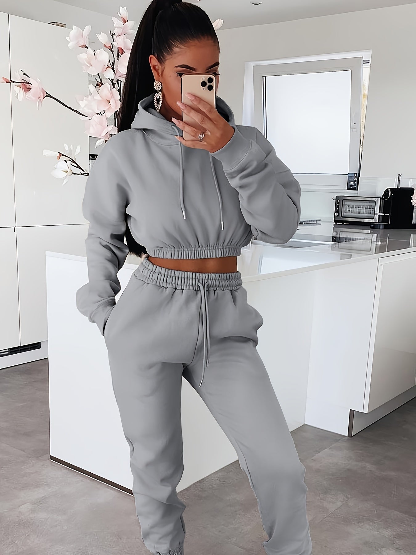 two-piece Women's Casual Hooded Sweatshirt and Drawstring Pants Set with Side Pockets - Comfortable and Stylish Outfit MyFave Boutique