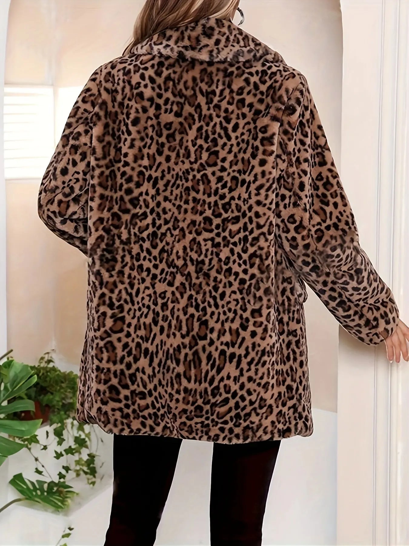 Elegant Leopard Print Faux Fur Coat for Women - Warm, Plush Open Front Cardigan with Button Detail, Long Sleeve - Perfect for Fall/Winter MyFave Boutique