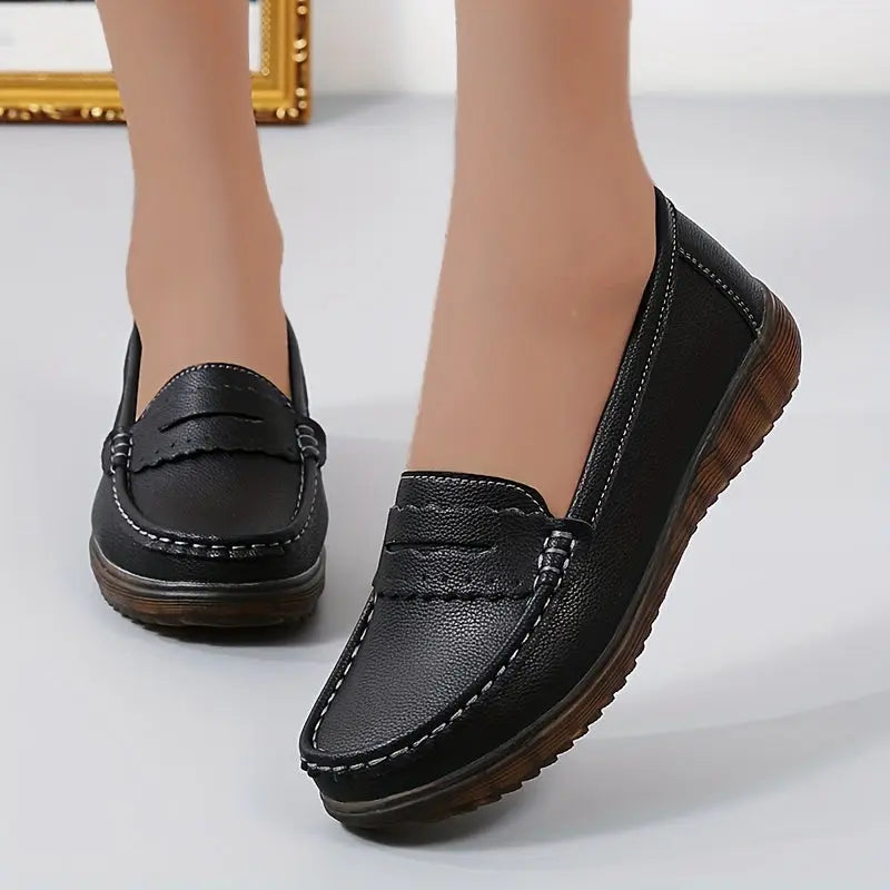 Women's Solid Color Penny Loafers, Comfort Soft Sole Slip On Shoes, Casual Faux Leather Flat Shoes MyFave Boutique