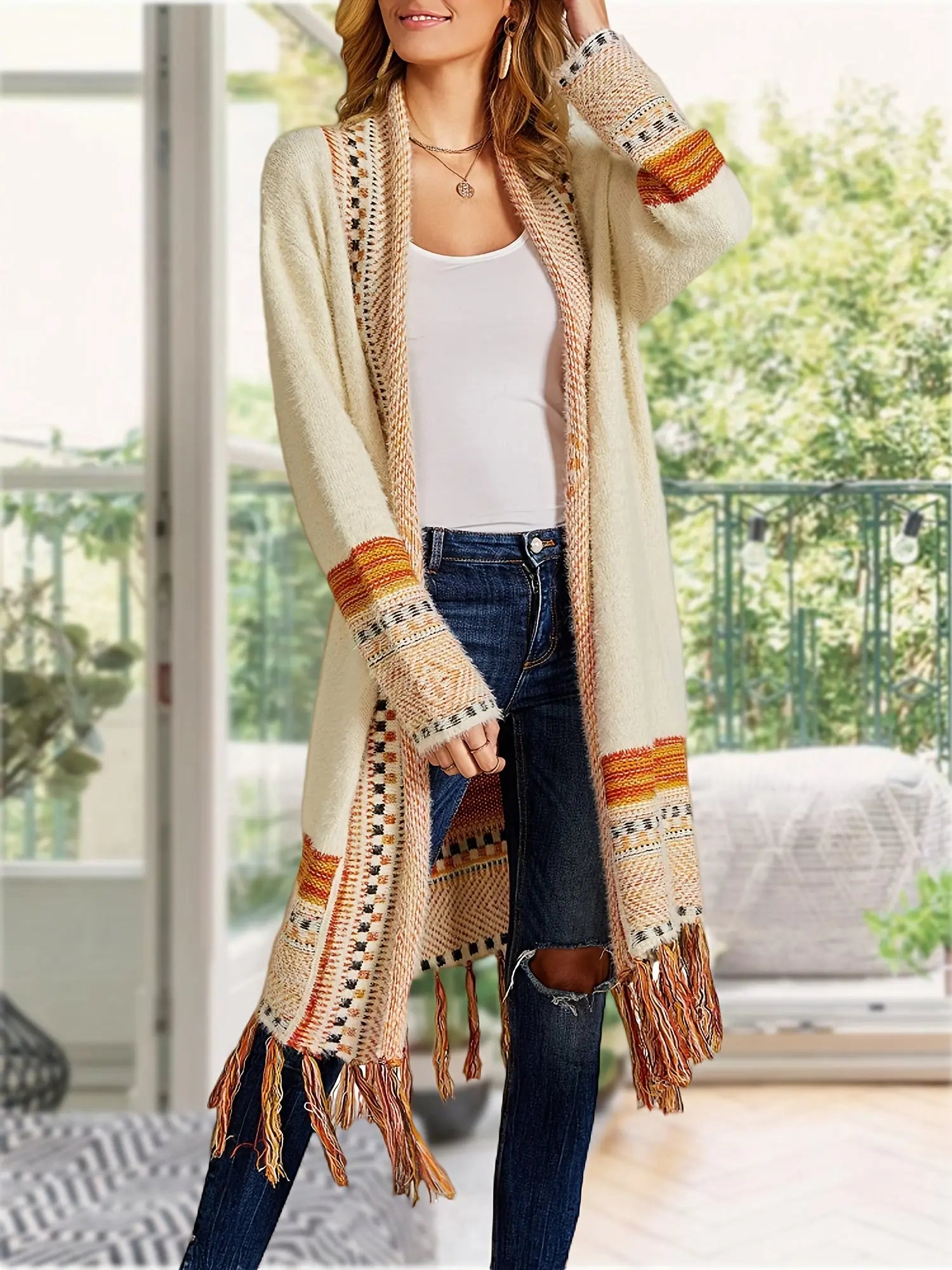 Women's Striped Pattern Fringe Hem Cardigan - Elegant Open Front Long Sleeve Cardigan for Spring & Fall MyFave Boutique