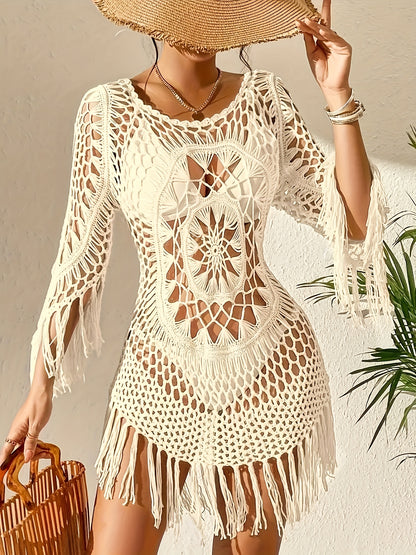 Hollow Out Crochet Cover Up Knitted Dress, Vacation Crew Neck Long Sleeve Beach Wear Dress, Women's Clothing MyFave Boutique