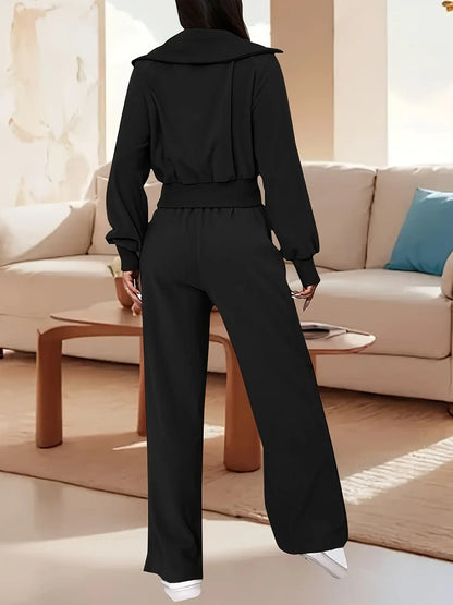 Elegant Solid Color Two-Piece Set for Women - Zip-Up Collared Crop Top & Pants, Stretchy Polyester Blend, Machine Washable - Perfect for Spring/Fall MyFave Boutique