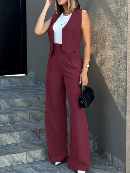 Solid Color Stylish Pantsuits, Button Front Fake Pocket Sleeveless Vest & High Waist Pleated Pants Outfits, Women's Clothing MyFave Boutique