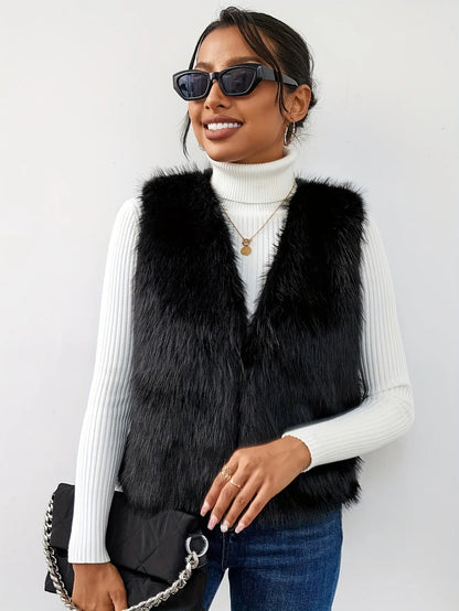 Faux Fur Open Front Vest, Stylish Solid Color Sleeveless Vest For Spring & Fall, Women's Clothing MyFave Boutique