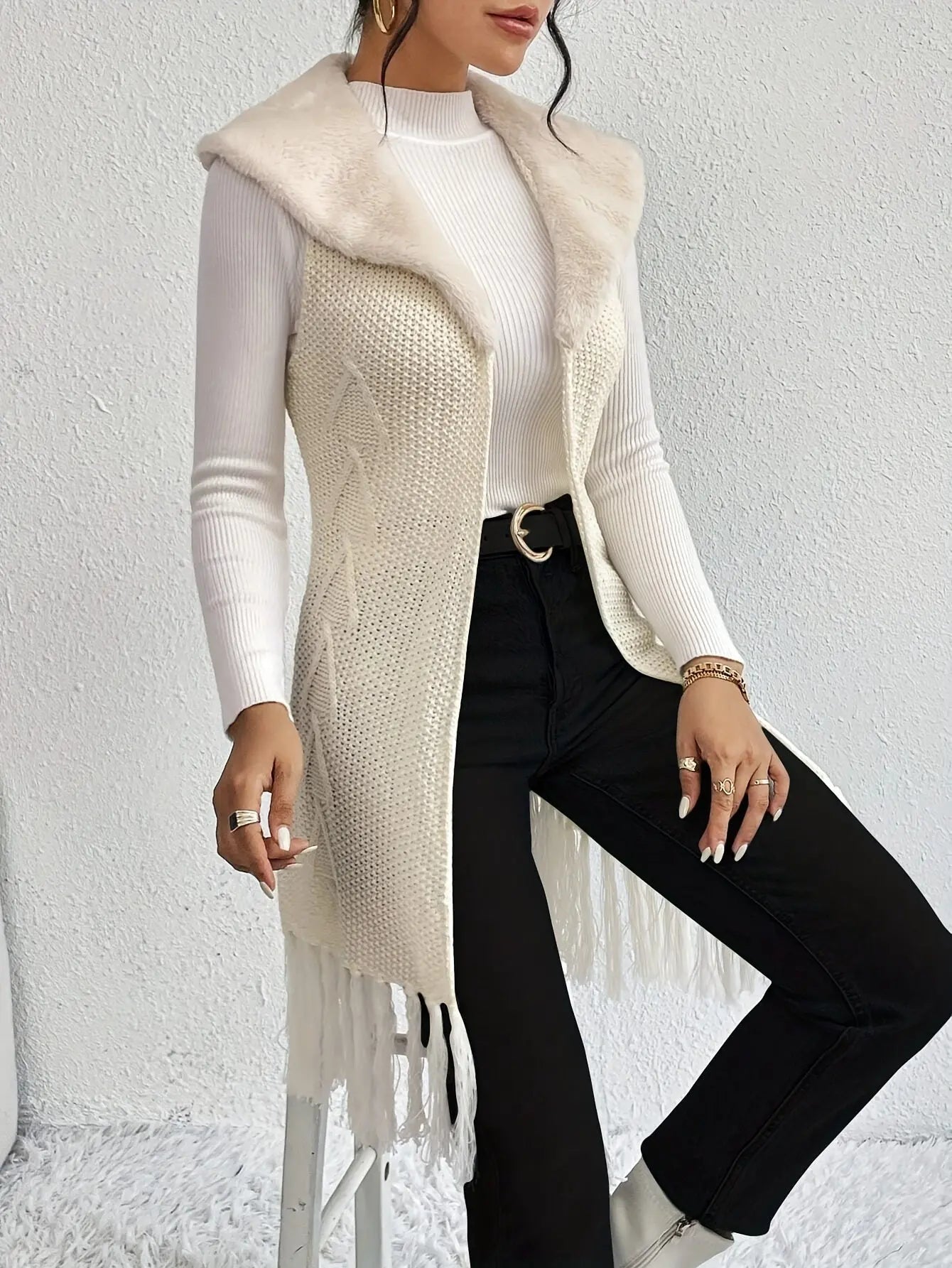 Tassel Hem Open Front Cardigan, Elegant Sleeveless Slim-Fit Faux Fur Lapel Neck Knee Length Cardigan For Fall & Winter, Women's Clothing MyFave Boutique