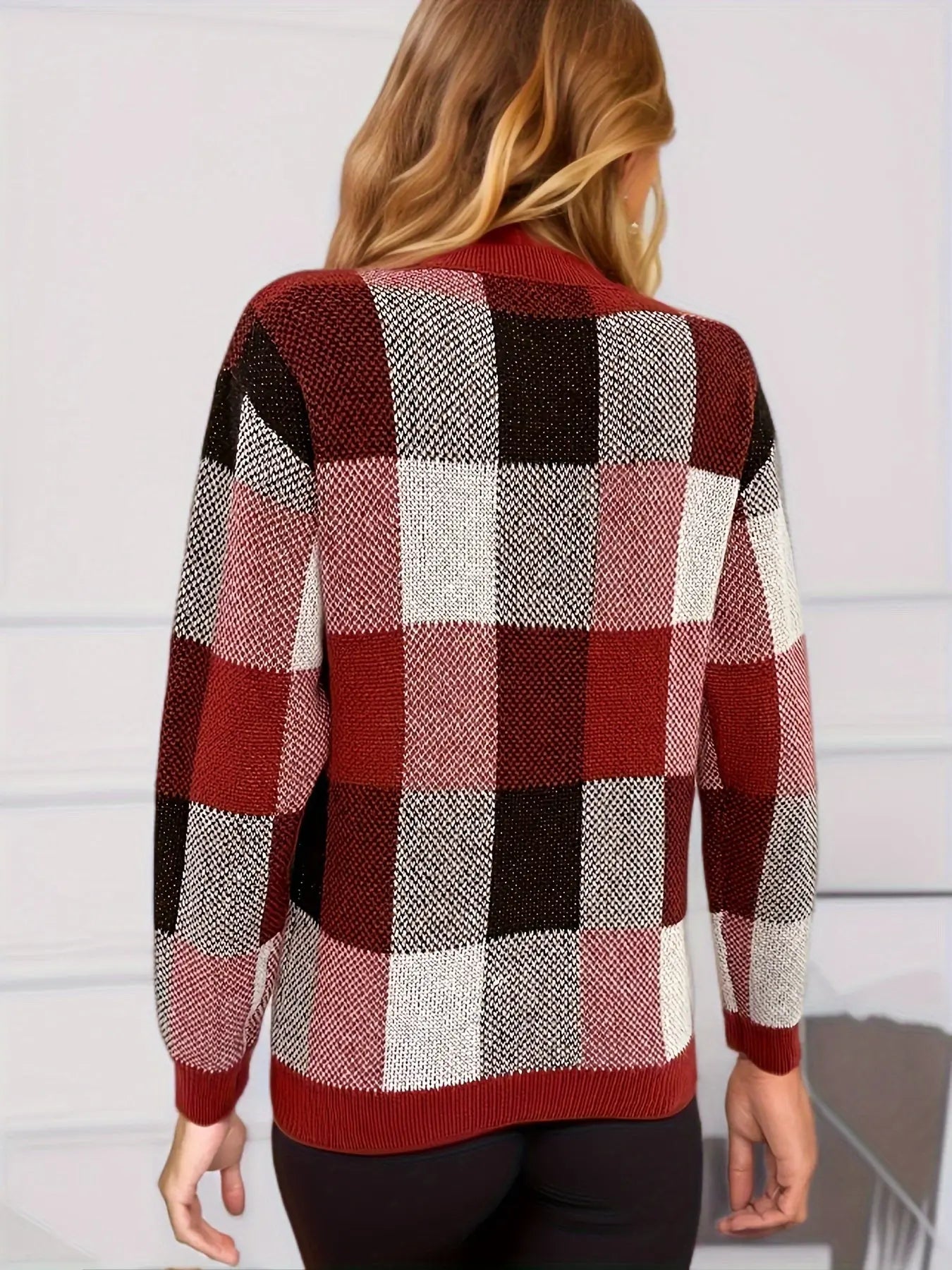 Knit Plaid Print Crew Neck Sweater, Casual Long Sleeve Sweater, Women's Clothing MyFave Boutique