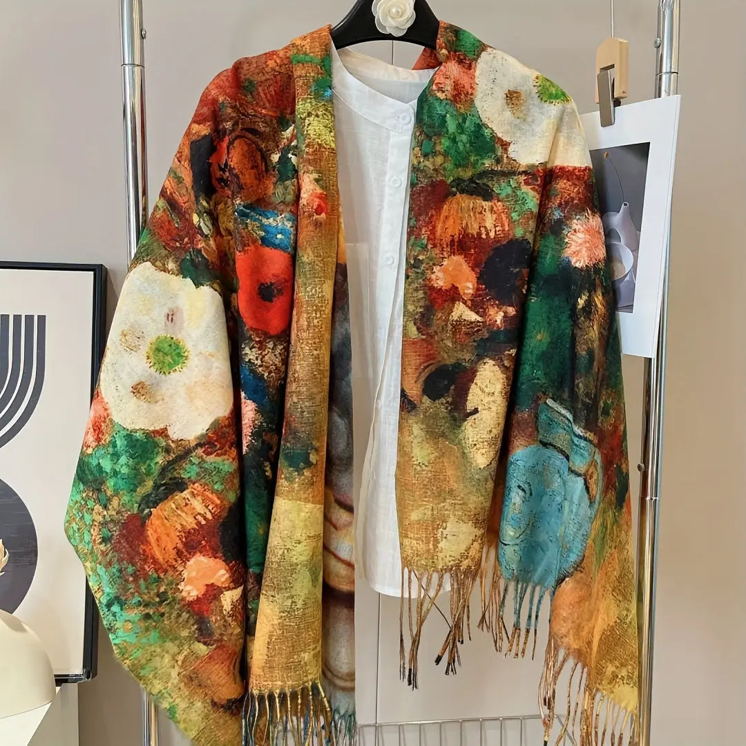 Women's Vintage-Inspired Double-Sided Printed Tassel Shawl - Cozy, Warm Winter Scarf with Classic Design MyFave Boutique