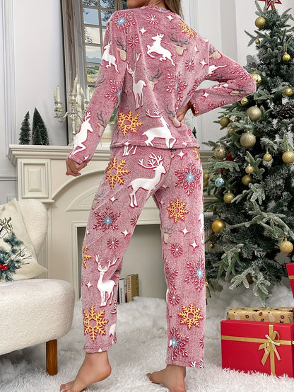 Women's Christmas Luminous Reindeer & Snowflake Print Fleece Thick Pajama Set, Long Sleeve Round Neck Top & Pants, Comfortable Relaxed Fit For Fall & Winter MyFave Boutique