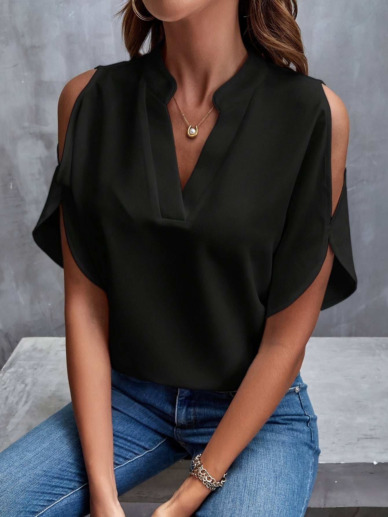 Women's Casual V-Neck Blouse with Cut-Out Shoulder Detail, Dressy Summer Top for Business or Casual Wear MyFave Boutique