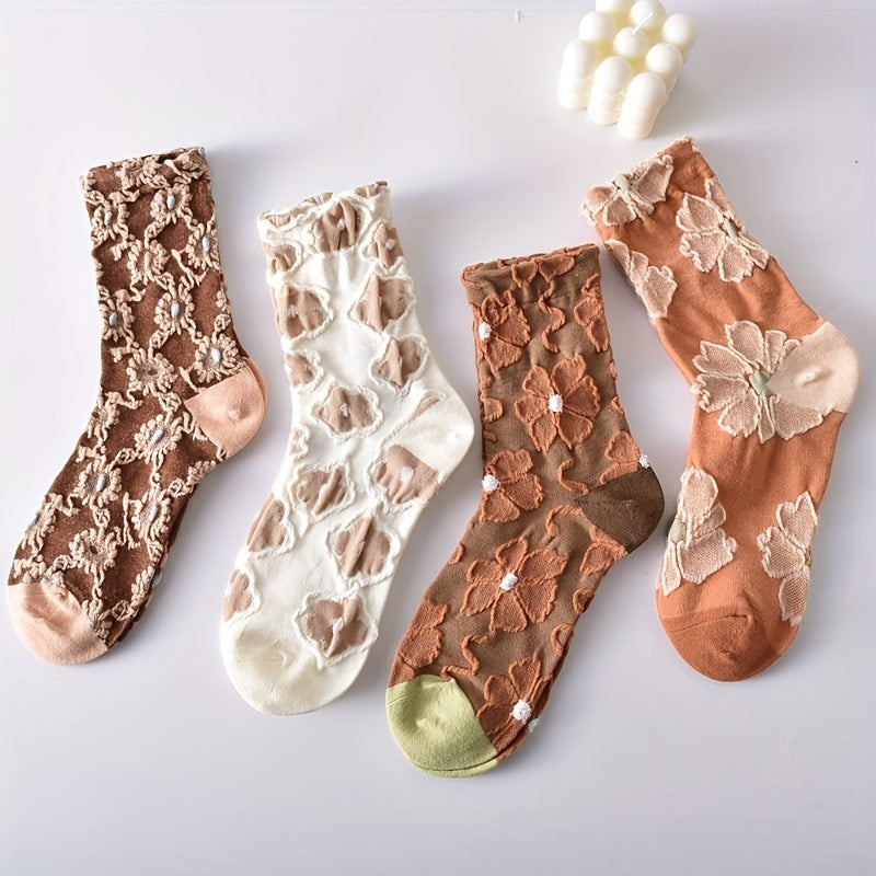 5 pairs 5 Pairs 3D Floral Textured Socks, Retro Sweet & Cute All-Match Women's Socks MyFave Boutique