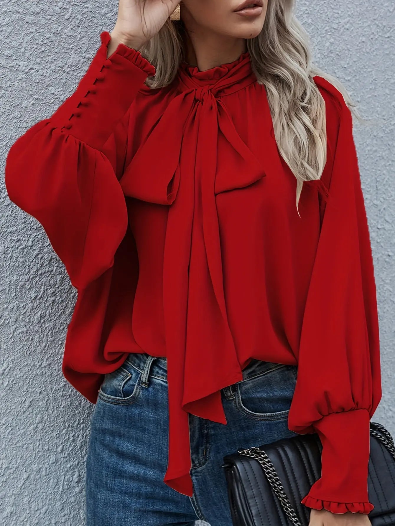 Solid Color Lantern Sleeve Blouse, Loose Fit Tie Back Top for Women, Daily Wear MyFave Boutique