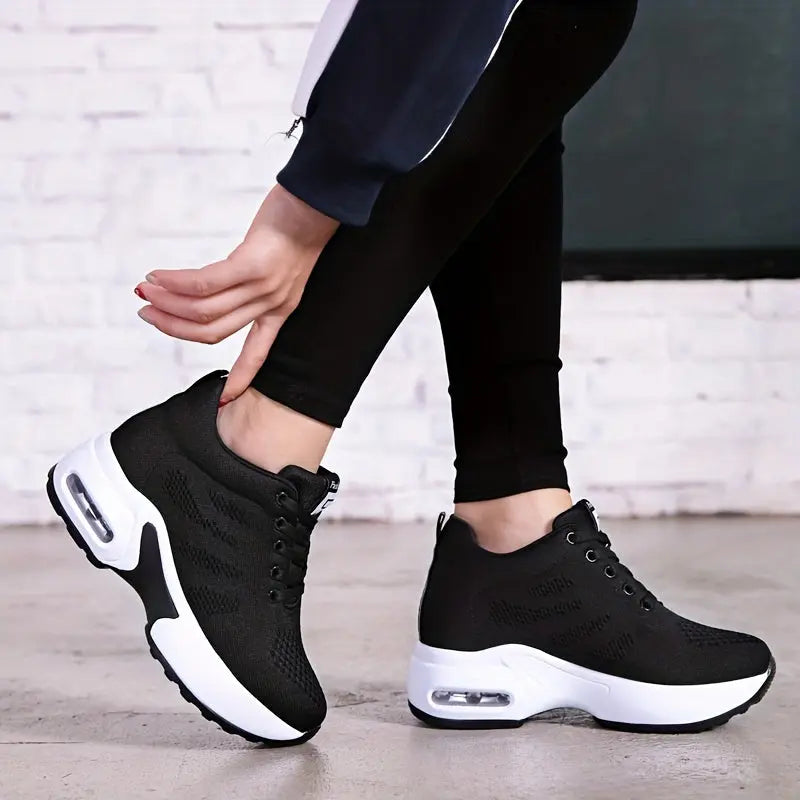 Women's Solid Color Knit Sneakers, Lace Up Heightening Casual Breathable Sporty Trainers, Versatile Low-top Comfy Shoes MyFave Boutique