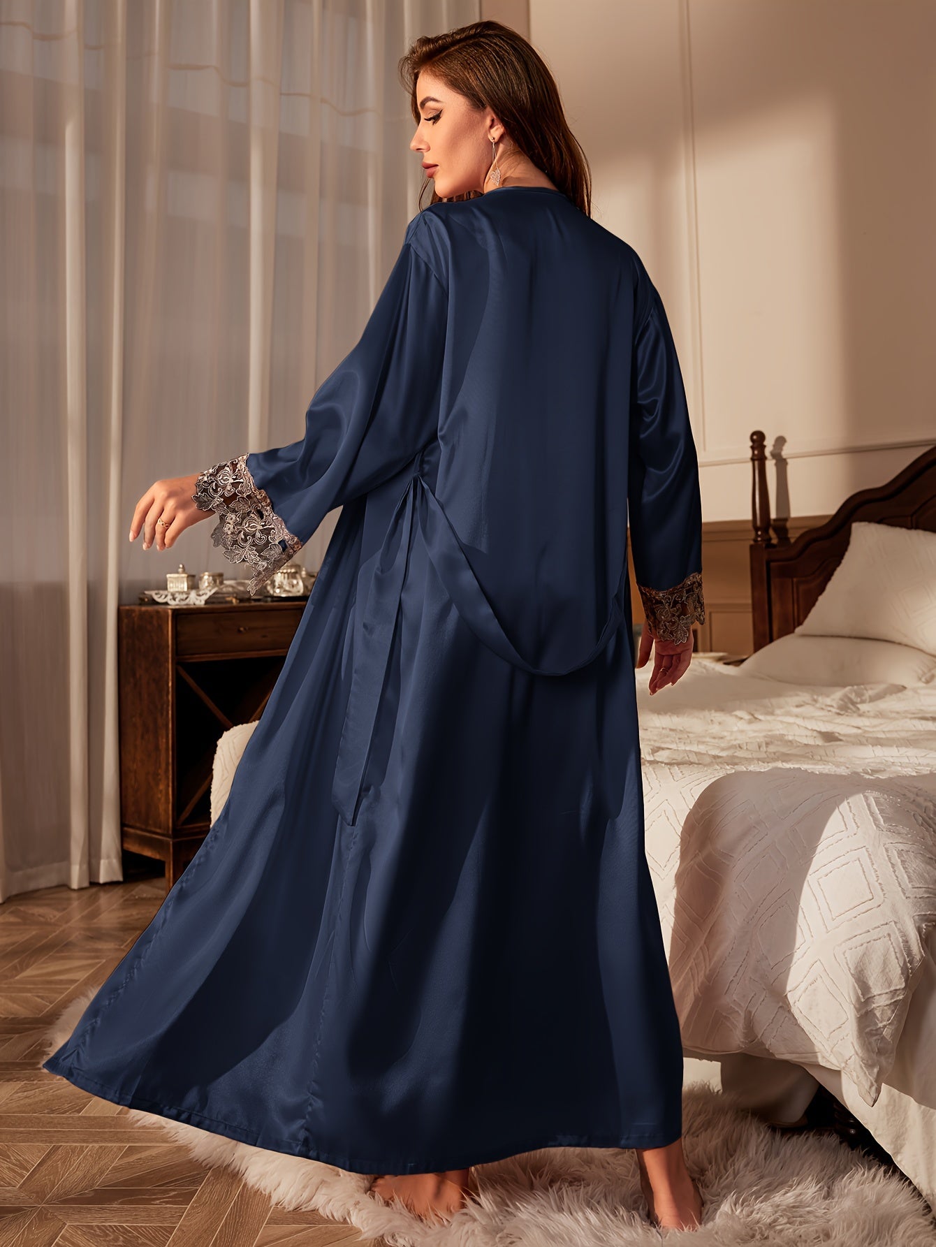 Luxurious Contrast Lace Satin Pajama Set with Long Sleeve Robe, Belt, and V-Neck Slip Dress - Perfect Women's Sleepwear and Loungewear for Ultimate Comfort and Style MyFave Boutique