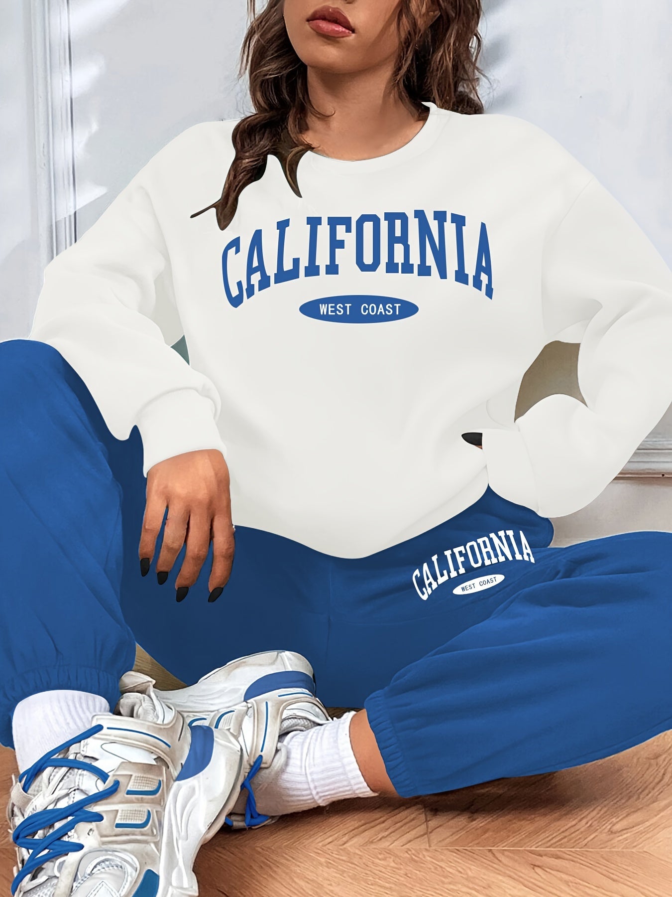 California Print Casual Two-piece Set, Long Sleeve Sweatshirt & Elastic Waist Sweatpants Outfits, Women's Clothing MyFave Boutique