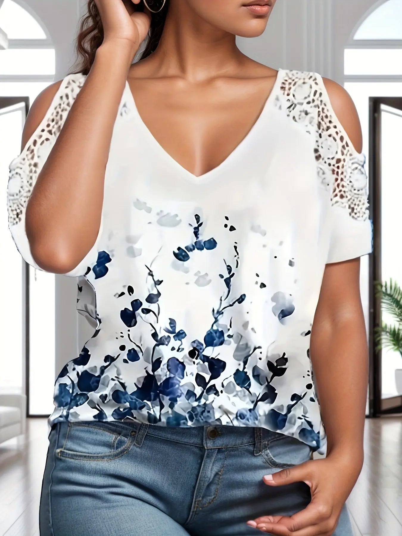 Women's Casual Daily Botanical Print Contrast Color Lace Off-Shoulder Top MyFave Boutique