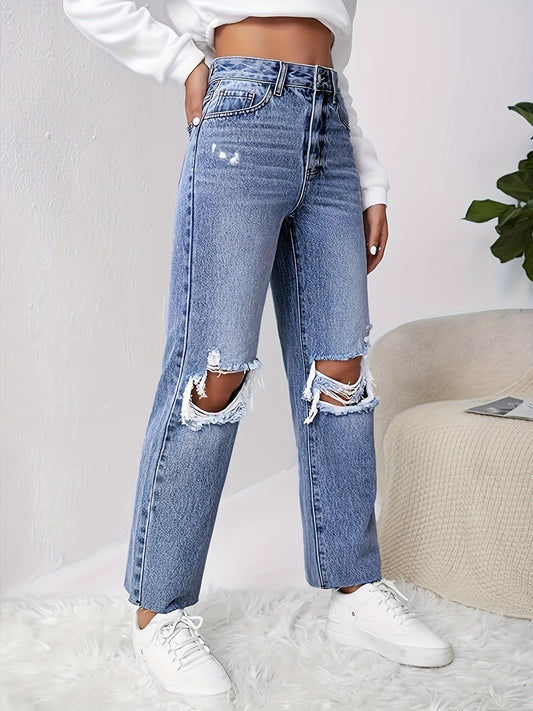 Women's High Waist Ripped Distressed Cropped Jeans Straight Leg Denim Pants MyFave Boutique