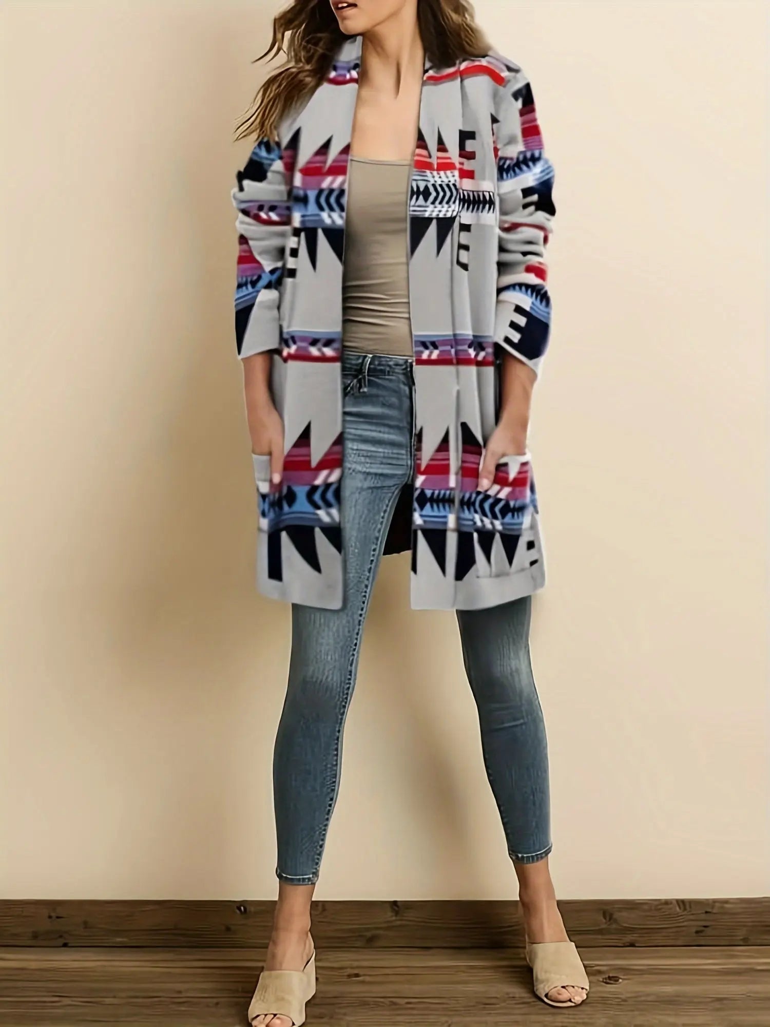 Aztec Print Boho Cardigan with Open Front and Shawl Collar - Women's Long Sleeve Sweater Coat MyFave Boutique