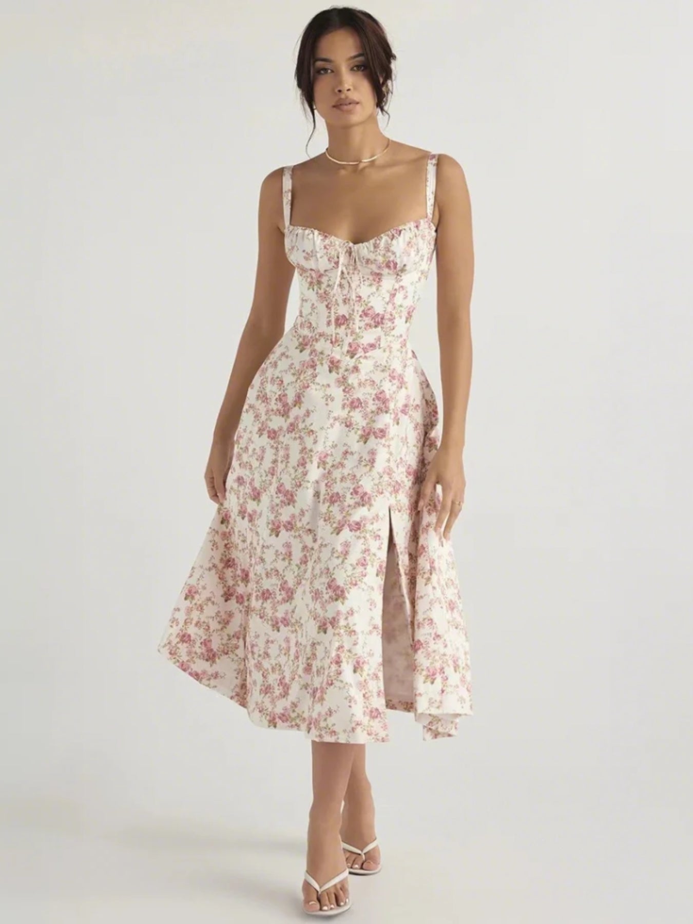 Women's Floral Print High-Low Midi Dress with Spaghetti Straps and Sweetheart Neckline for Summer Elegance MyFave Boutique