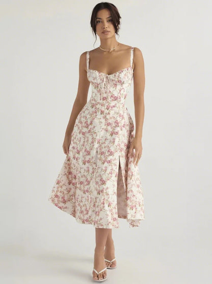 Women's Floral Print High-Low Midi Dress with Spaghetti Straps and Sweetheart Neckline for Summer Elegance MyFave Boutique