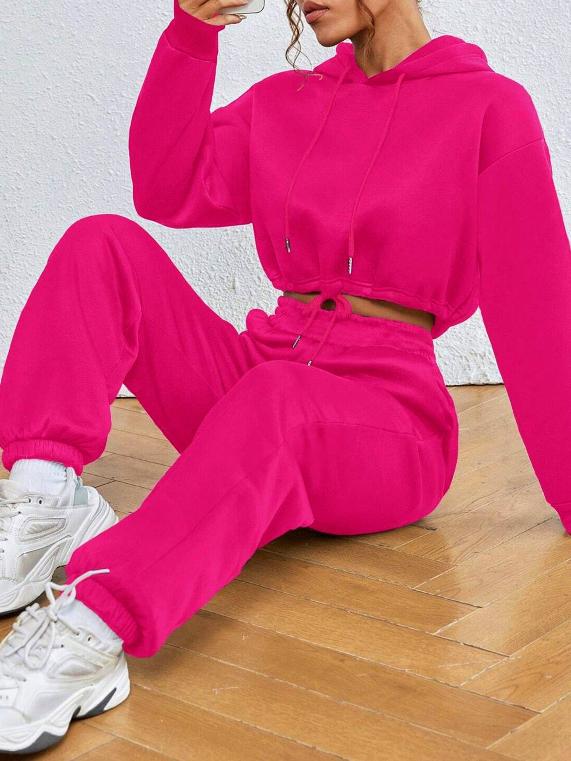 Solid Color Casual Pantsuits, Drawstring Long Sleeve Hooded Crop Sweatshirt & Elastic Waist Pants Outfits, Women's Clothing MyFave Boutique