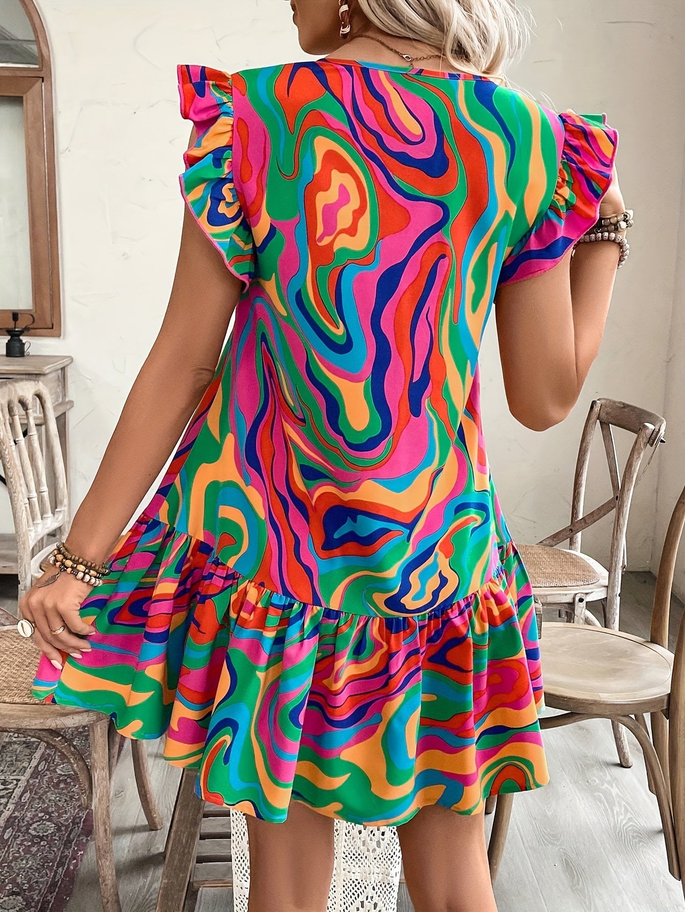 Colorful Print Button Front Dress, Elegant V Neck Flutter Sleeve Ruffle Hem Vacation Dress For Summer & Spring, Women's Clothing MyFave Boutique